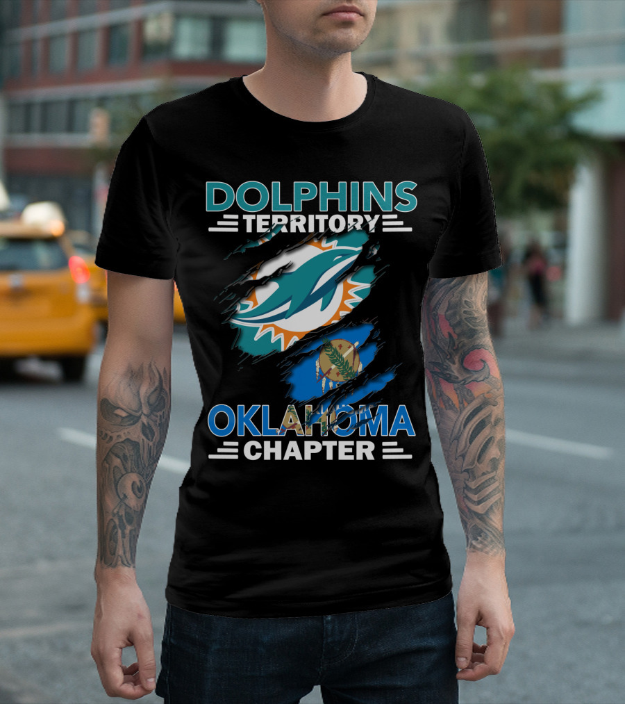 Dolphins Territory Oklahoma Chapter Miami Dolphins Logo and Oklahoma Flag T-Shirt