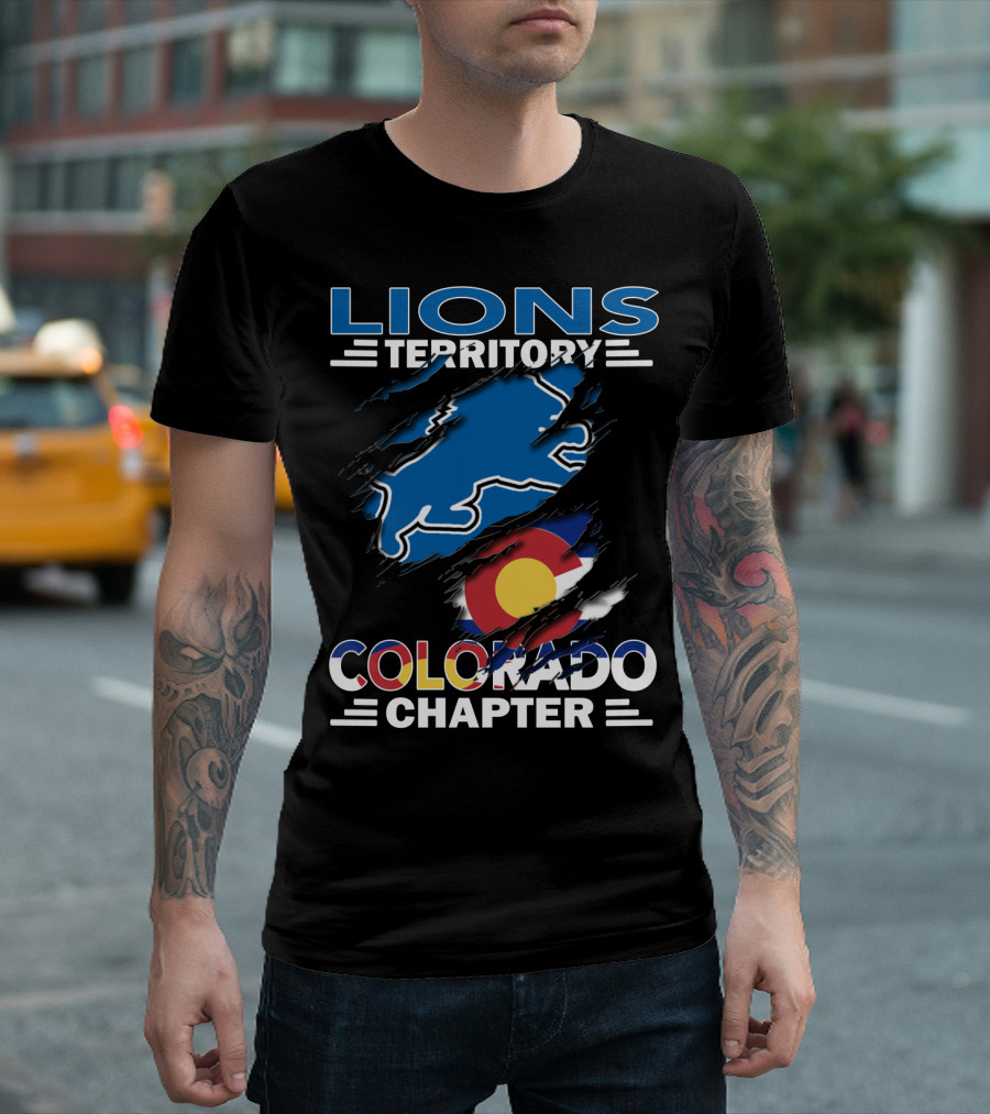 Lions Territory Colorado Chapter Blue Lion and Colorado Flag T-Shirt