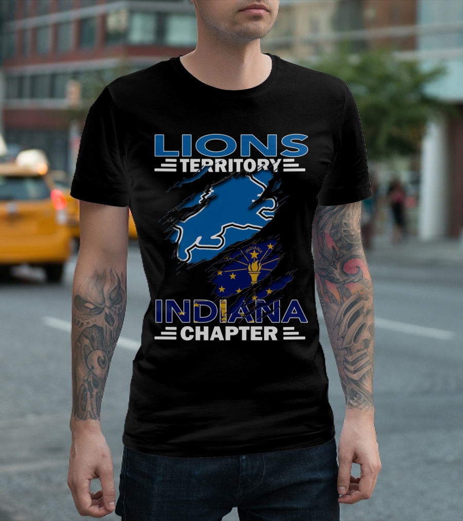 Lions Territory Indiana Chapter Blue Lion and Indiana Flag T-Shirt