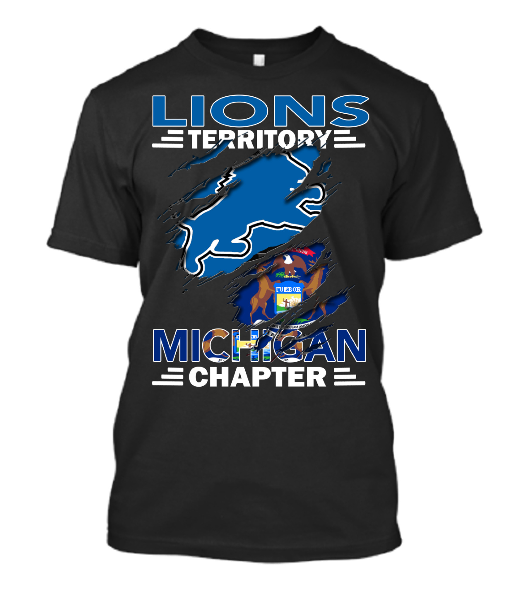 Lions Territory Michigan Chapter Blue Lion Emblem And State Seal T-Shirt