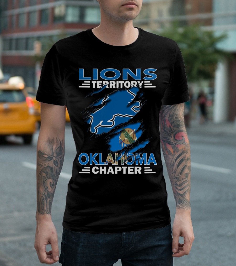 Lions Territory Oklahoma Chapter Blue Lion Oklahoma Flag Emblem T-Shirt