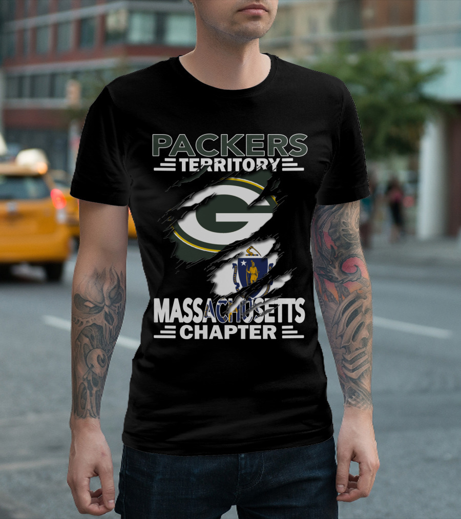 Packers Territory Massachusetts Chapter Green Bay Logo And Massachusetts Flag T-Shirt