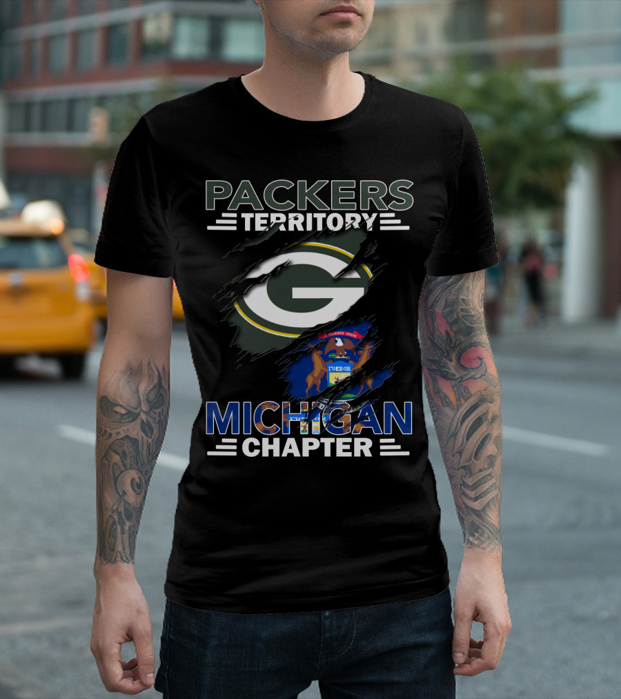 Packers Territory Michigan Chapter Green Bay Logo and Michigan State Flag T-Shirt