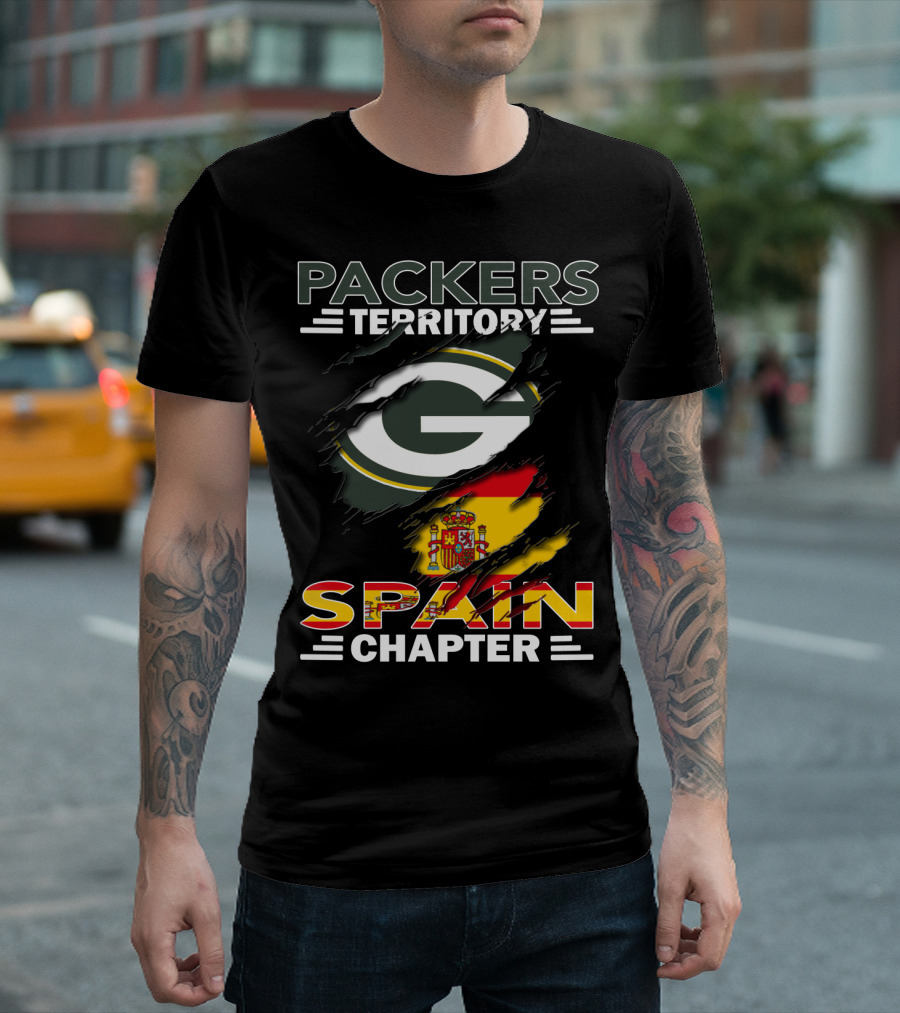 Packers Territory Spain Chapter Green Bay Logo with Spanish Flag T-Shirt