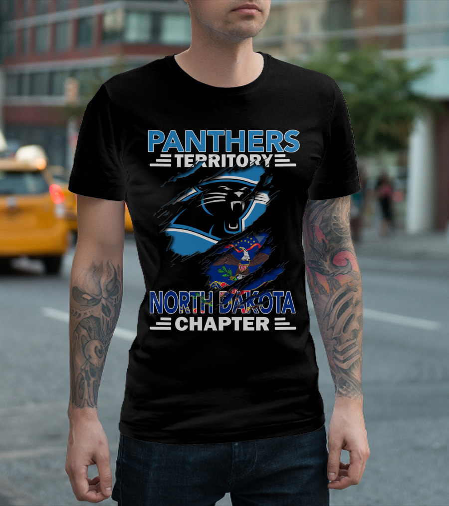 Panthers Territory North Dakota Chapter with Carolina Panthers Logo and North Dakota Flag T-Shirt