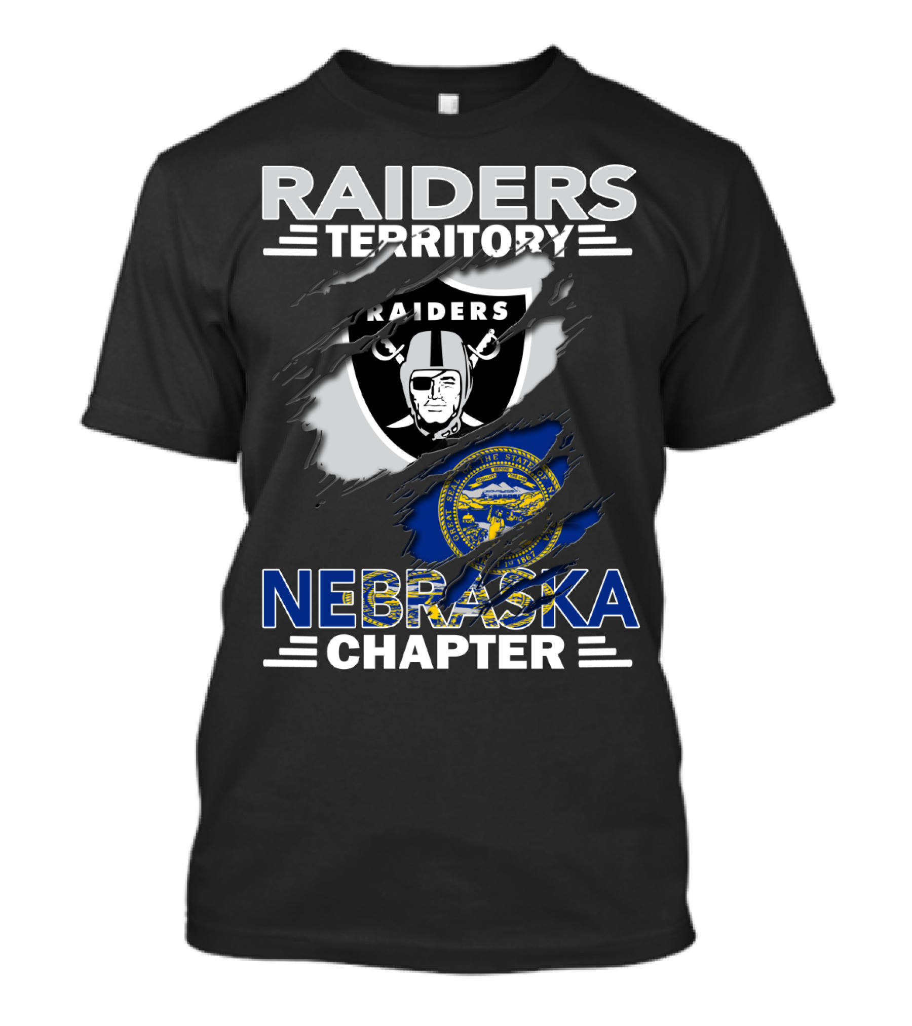 Raiders Territory Nebraska Chapter With Raiders Shield And Nebraska State Flag T-Shirt