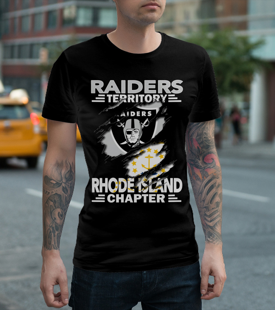 Raiders Territory Rhode Island Chapter Emblem And State Flag Integration T-Shirt