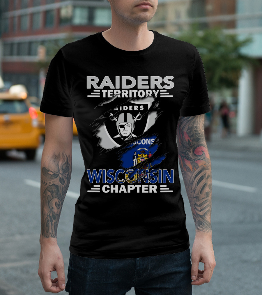 Raiders Territory Wisconsin Chapter NFL Team Fan Club Logo and State Flag Tear T-Shirt