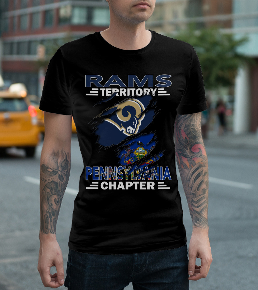 Rams Territory Pennsylvania Chapter With Blue And White Ram Logo And Pennsylvania State Flag Background T-Shirt