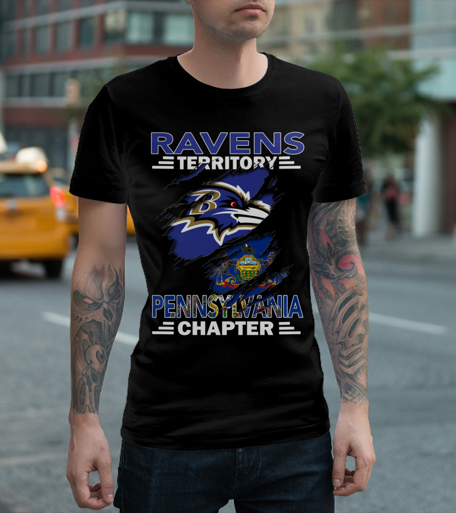 Ravens Territory Pennsylvania Chapter Baltimore Football Fan Club With Pennsylvania State Flag And Tattered Effect T-Shirt