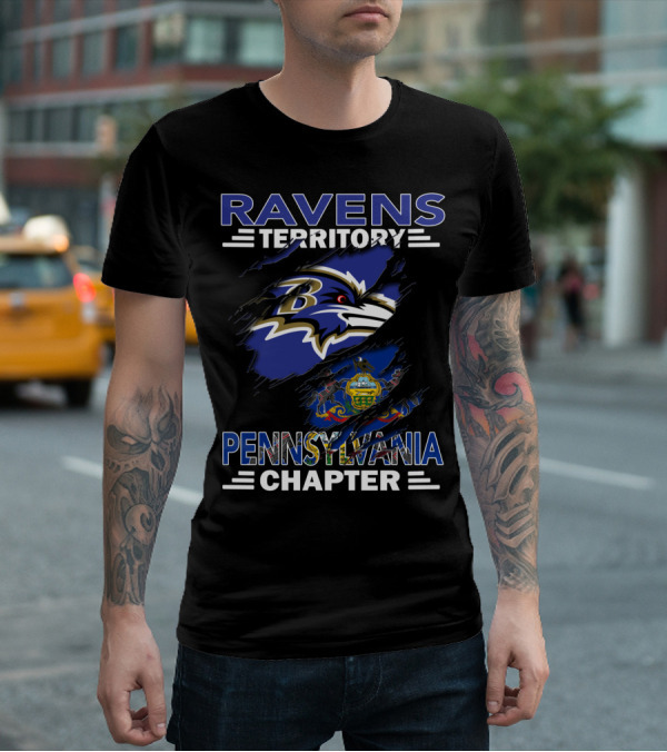 Ravens Territory Pennsylvania Chapter Baltimore Football Fan Club With Pennsylvania State Flag And Tattered Effect T-Shirt