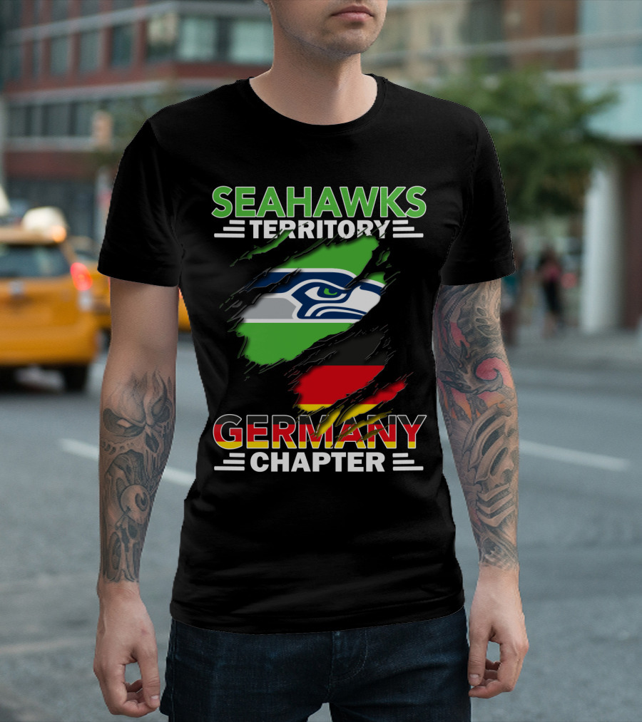 Seahawks Territory Germany Chapter Fan Community Featuring Iconic Team Logo and National Colors T-Shirt