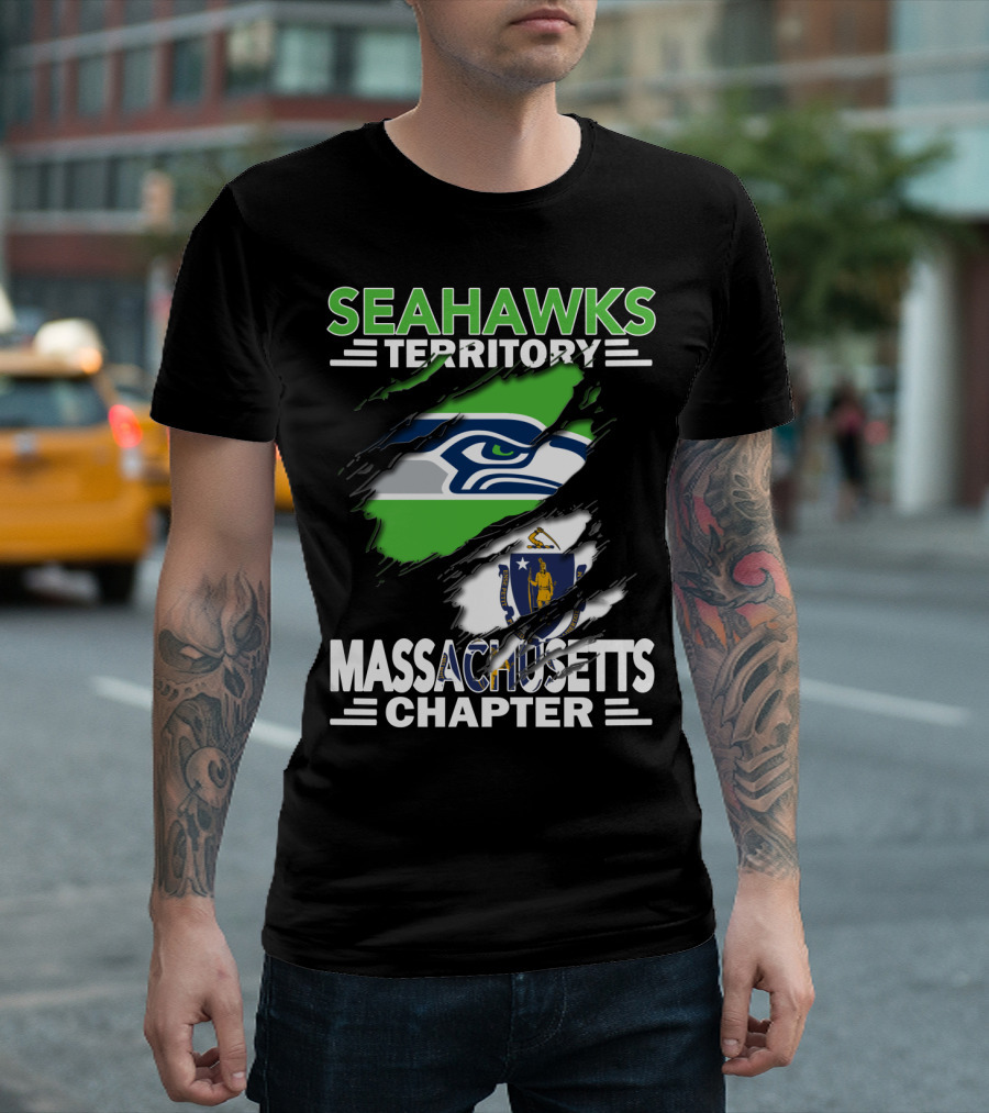 Seahawks Territory Massachusetts Chapter Fan Support with Logo and State Flag T-Shirt