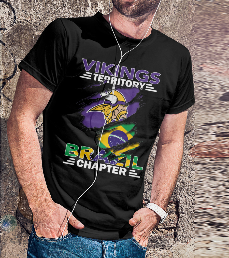 Vikings Territory Brazil Chapter Purple Gold Logo And Brazilian Flag Fusion T-Shirt