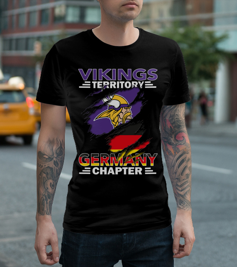Vikings Territory Germany Chapter Purple and Gold Logo with German Flag Background T-Shirt