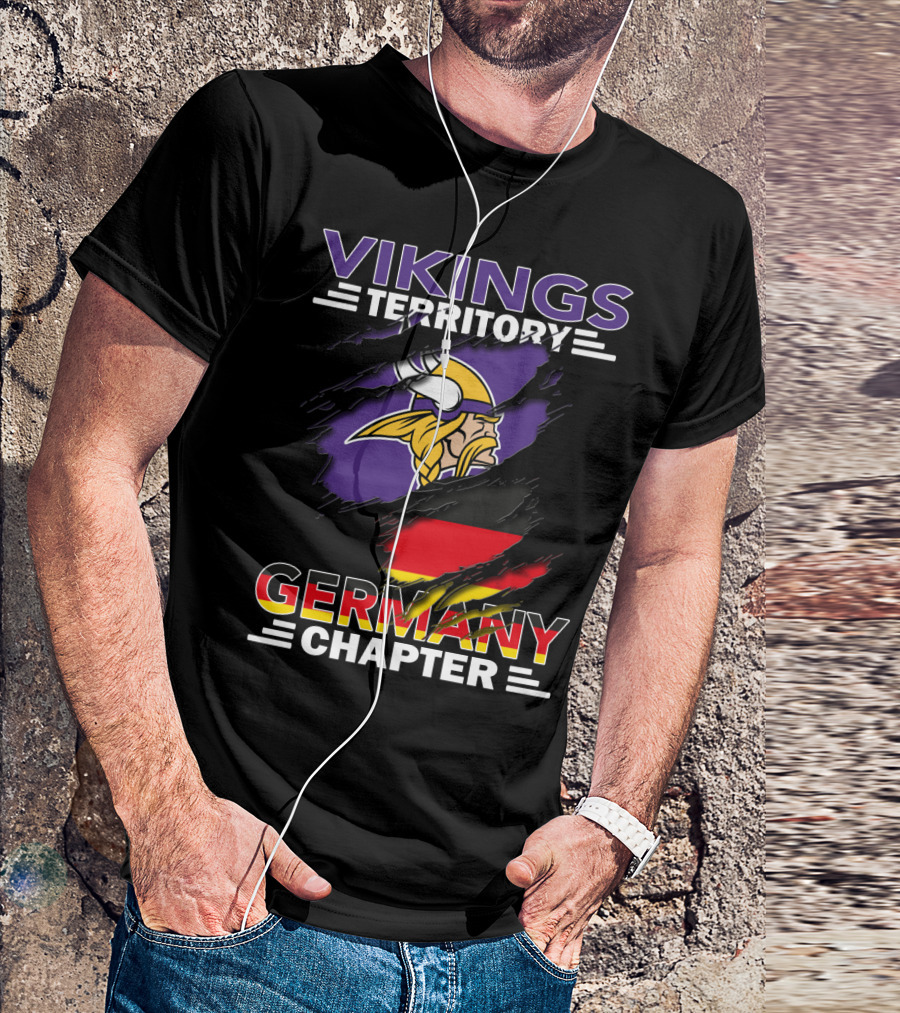 Vikings Territory Germany Chapter Purple And Gold Logo With German Flag Background T-Shirt