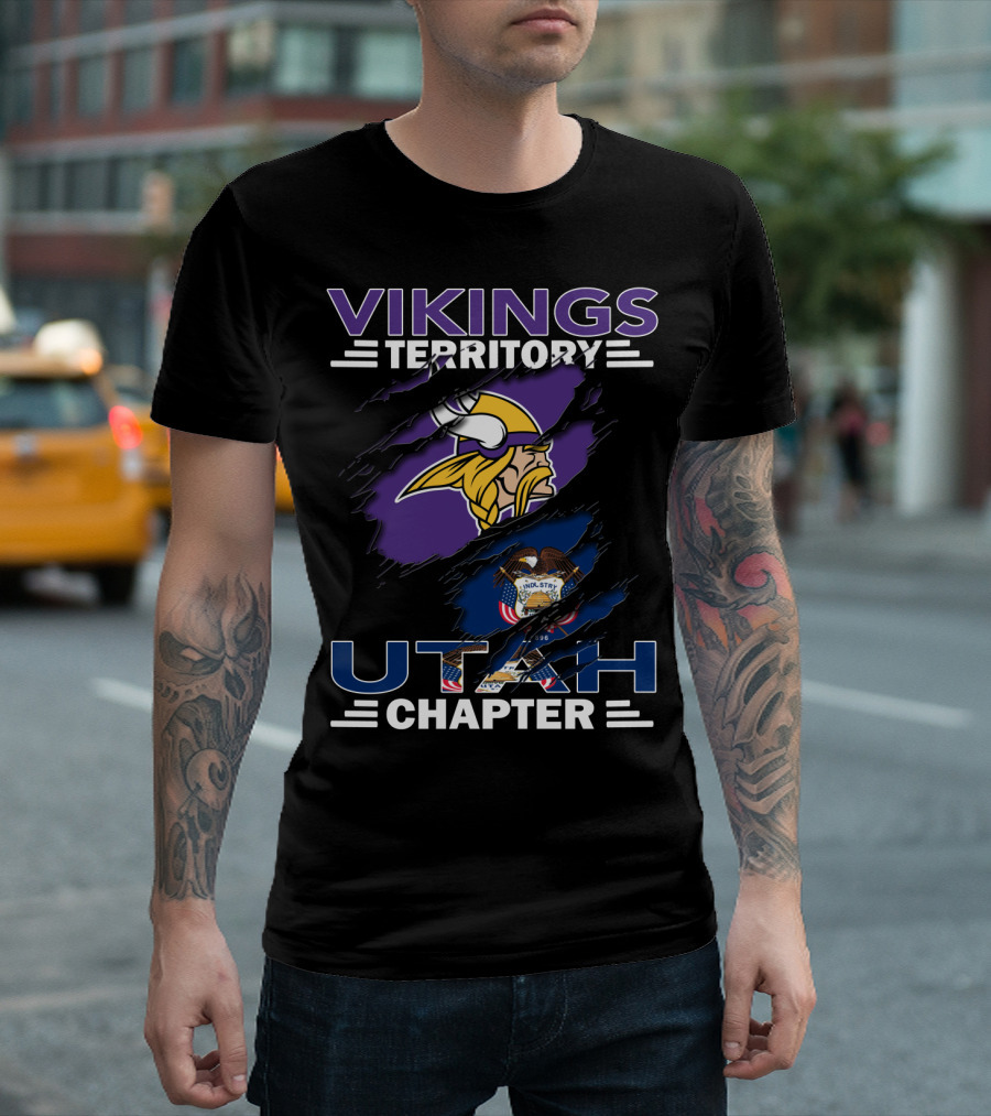 Vikings Territory Utah Chapter Emblem With Viking Helmet And Utah State Flag T-Shirt