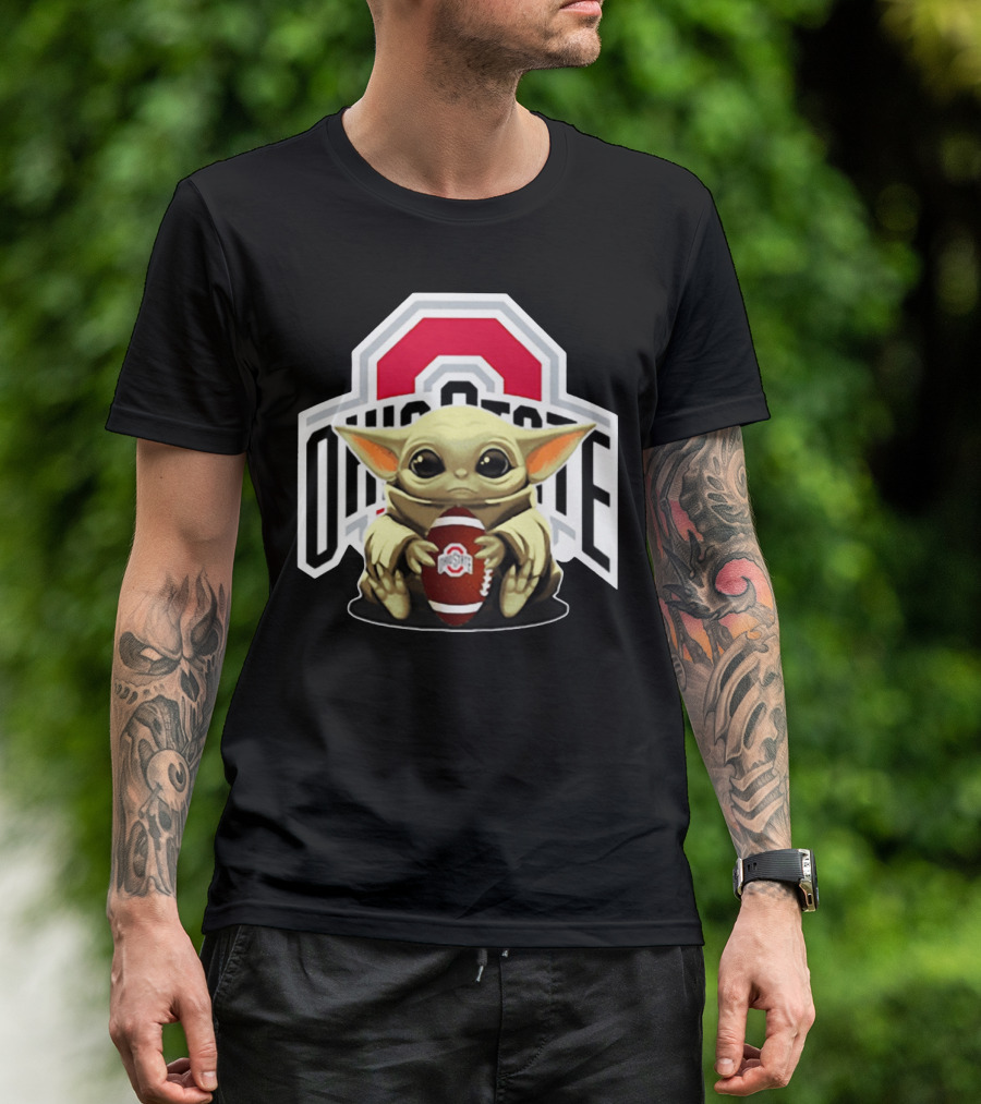 Baby Yoda Holding Ohio State Buckeyes Football T-Shirt