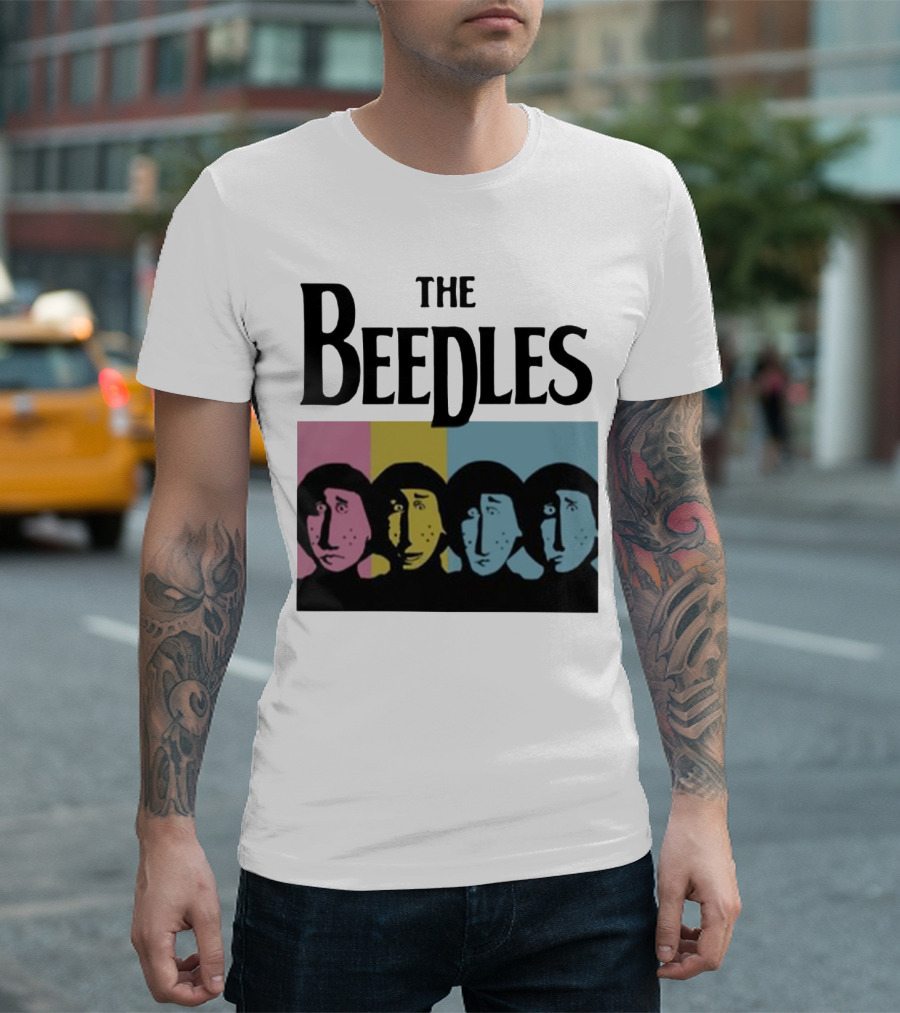 The Beedles Cartoon Pop Art Faces in Pink Yellow Blue T-Shirt