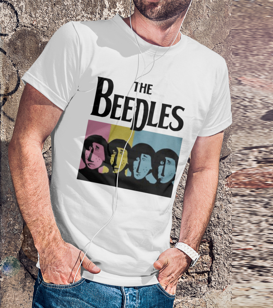 The Beedles Cartoon Pop Art Faces In Pink Yellow Blue T-Shirt