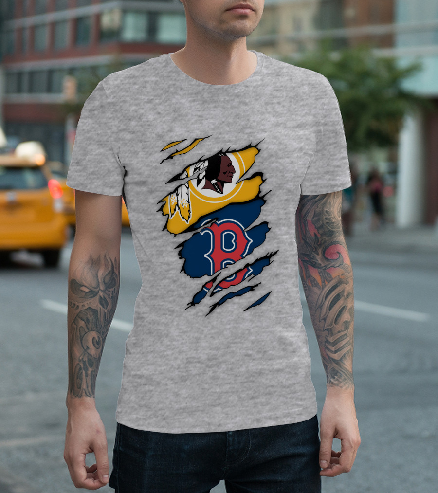 Washington Redskins Boston Red Sox Logos Dual Ripped T-Shirt