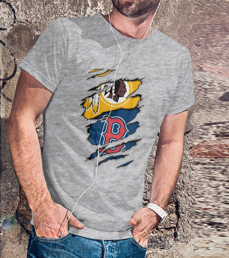 Washington Redskins Boston Red Sox Logos Dual Ripped T-Shirt
