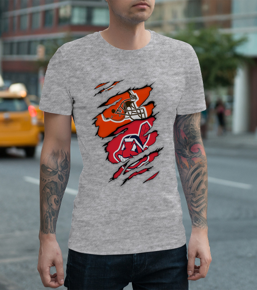 Cleveland Indians Browns Football Helmet Chief Wahoo Torn Rip T-Shirt