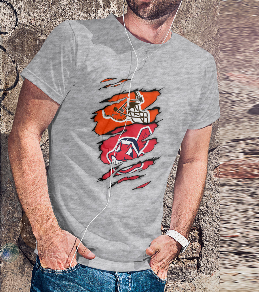Cleveland Indians Browns Football Helmet Chief Wahoo Torn Rip T-Shirt