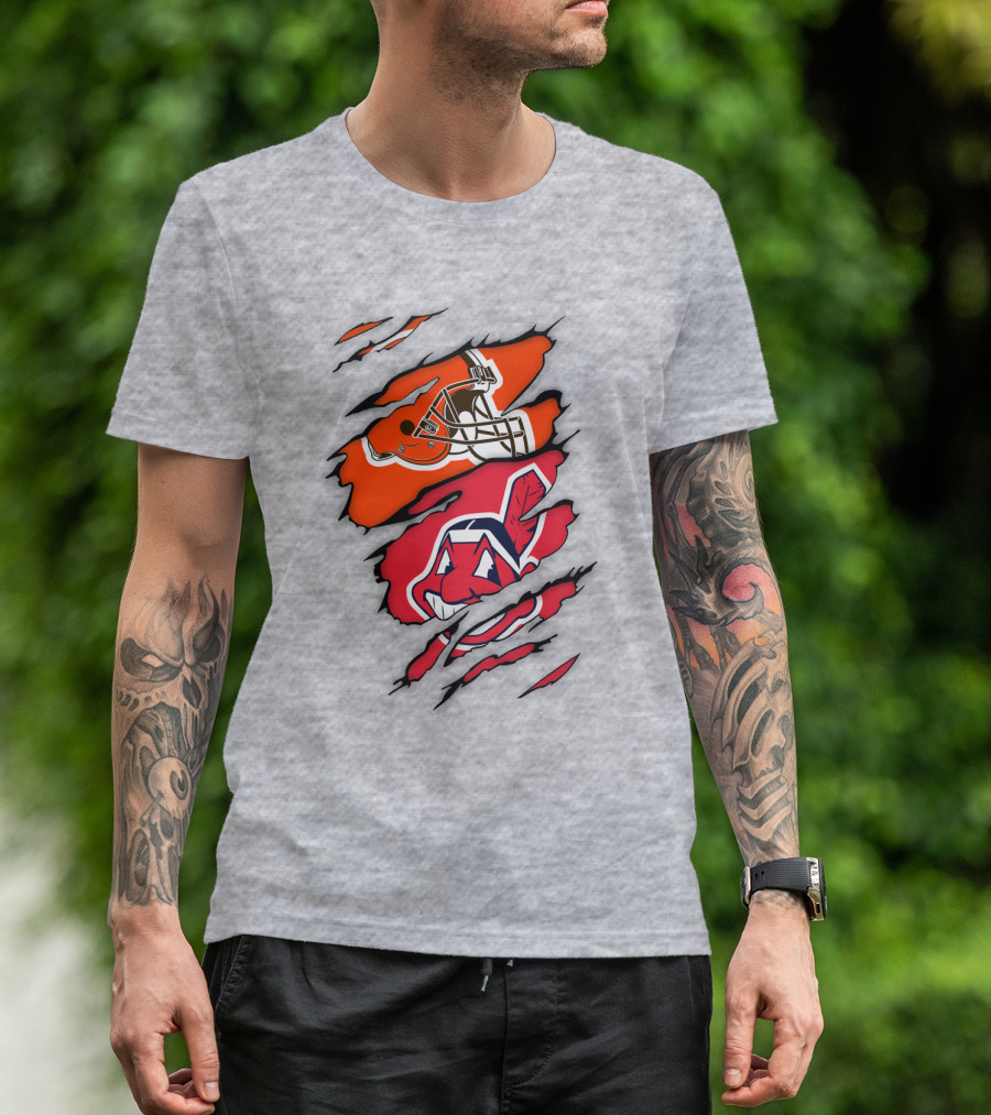 Cleveland Indians Browns Football Helmet Chief Wahoo Torn Rip T-Shirt