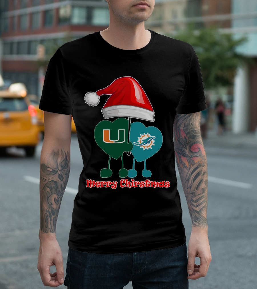 Merry Christmas Miami Dolphins Miami Hurricanes Santa Hat Hearts T-Shirt