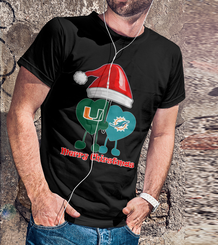 Merry Christmas Miami Dolphins Miami Hurricanes Santa Hat Hearts T-Shirt
