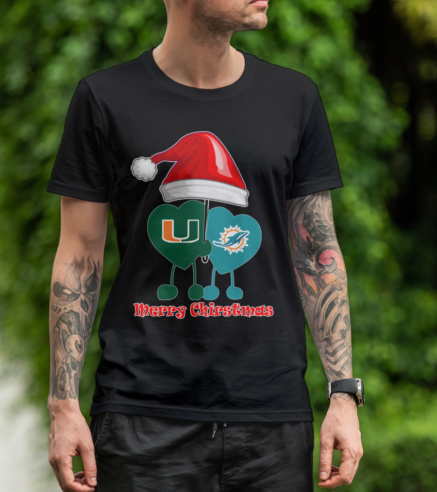 Merry Christmas Miami Dolphins Miami Hurricanes Santa Hat Hearts T-Shirt