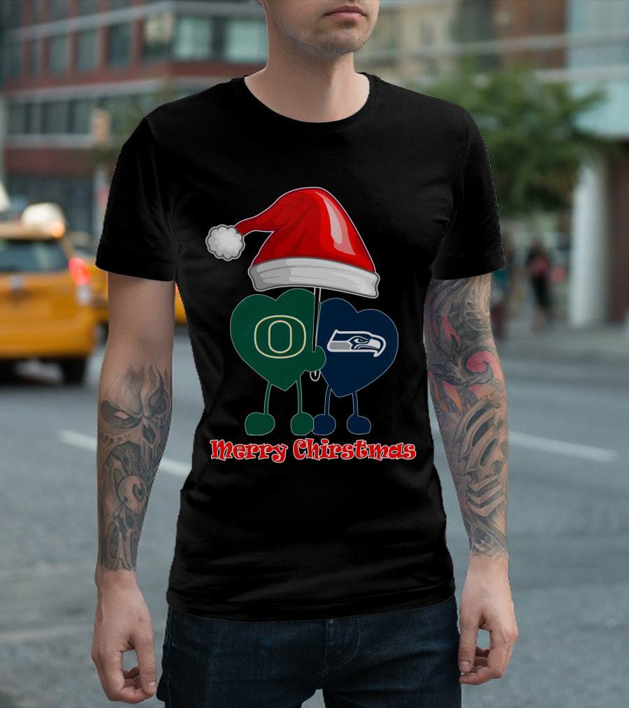 Merry Christmas Oregon Seattle Seahawks Holiday Hat Hearts T-Shirt