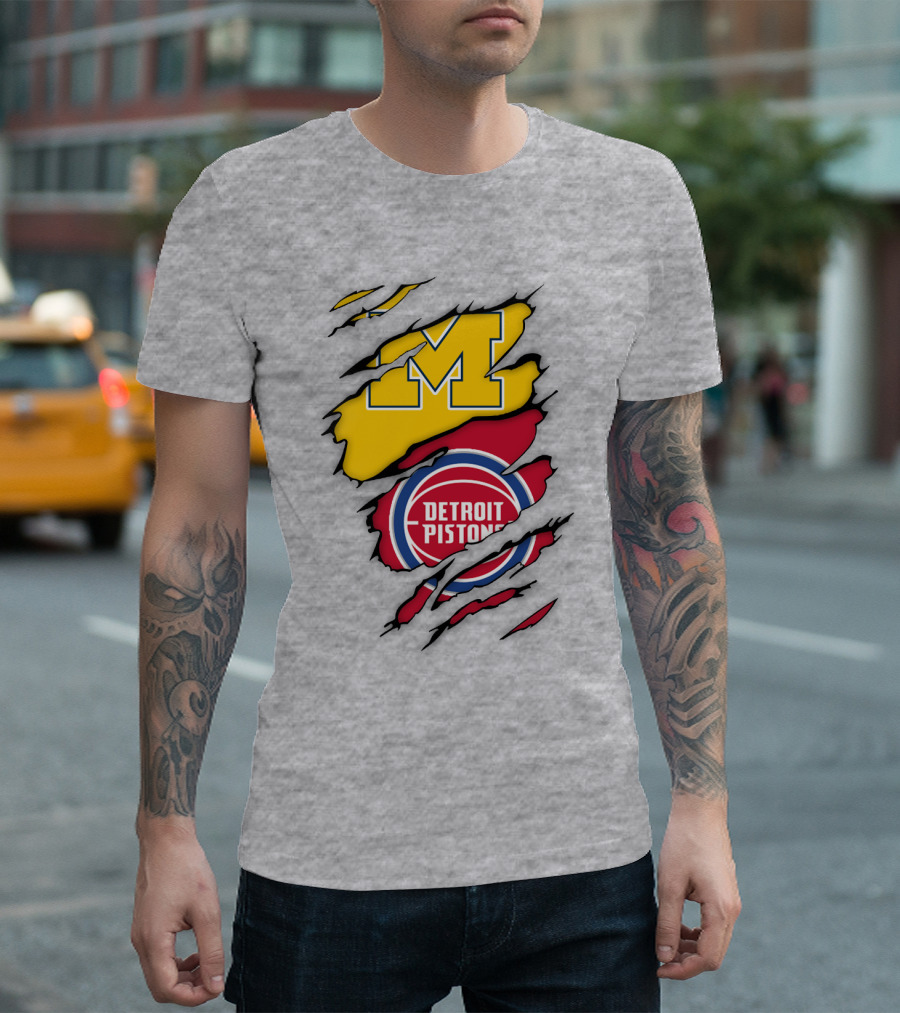Detroit Pistons Michigan Wolverines Team Logo Mashup T-Shirt
