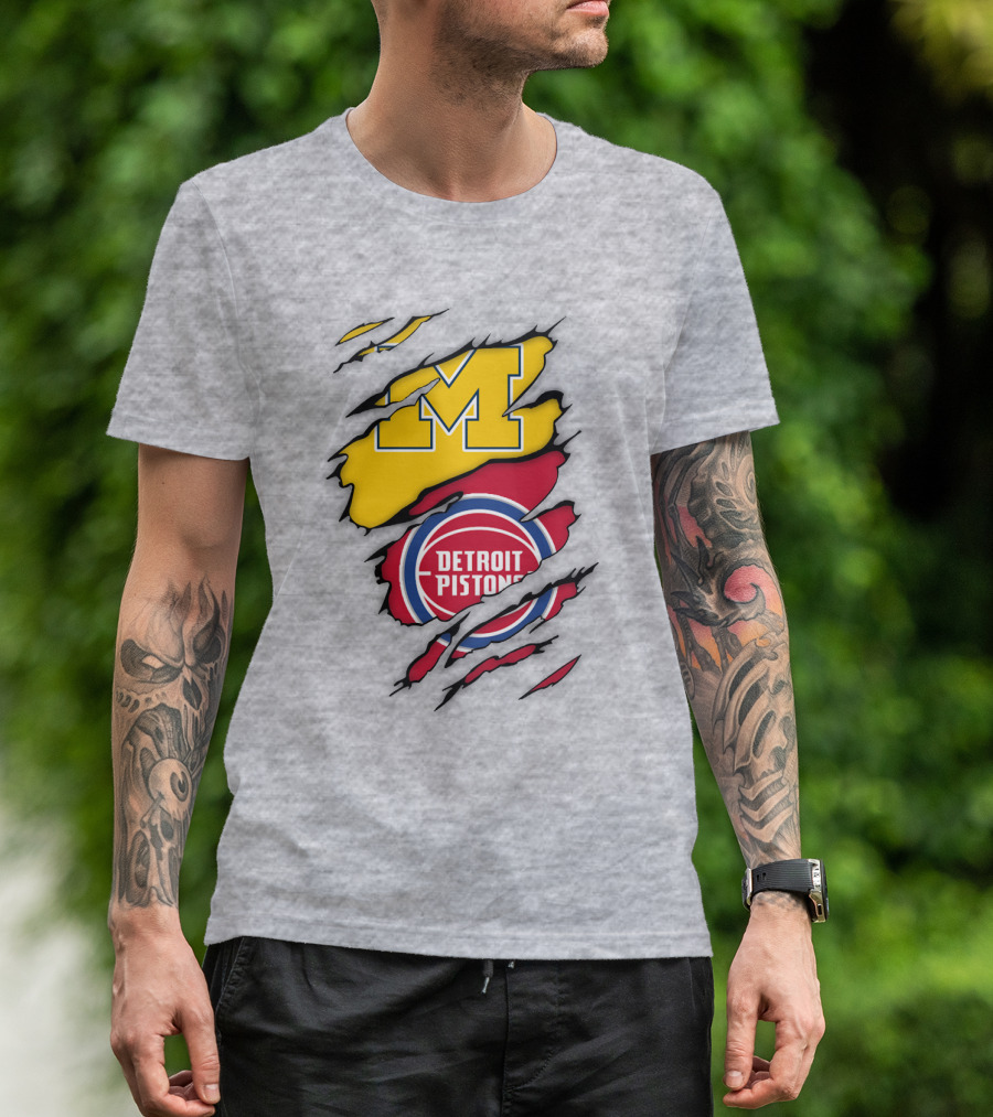Detroit Pistons Michigan Wolverines Team Logo Mashup T-Shirt