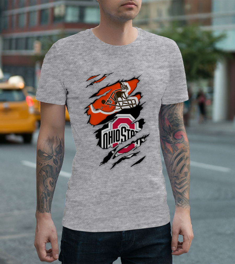 Cleveland Browns Helmet And Ohio State Buckeyes Logo Ripped T-Shirt
