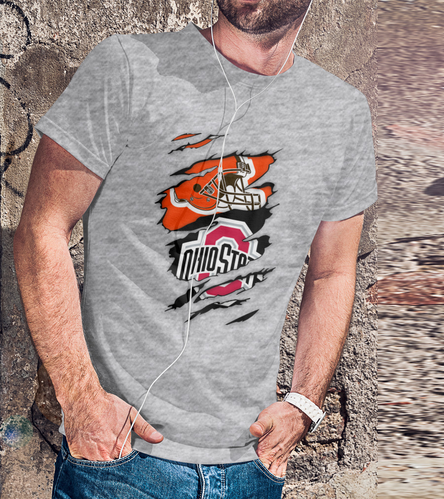 Cleveland Browns Helmet And Ohio State Buckeyes Logo Ripped T-Shirt
