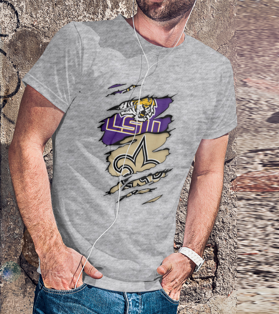 Lsu Tigers And New Orleans Saints Tearaway Tiger Fleur-De-Lis T-Shirt