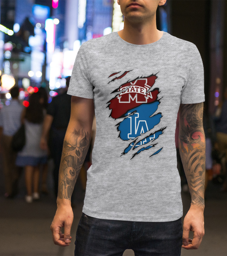 Los Angeles Dodgers LA Mississippi State MS State Torn Effect T-Shirt
