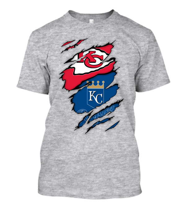 Kansas City Royals Kc And Kansas City Chiefs Arrowhead Red Blue Logo Fusion T-Shirt