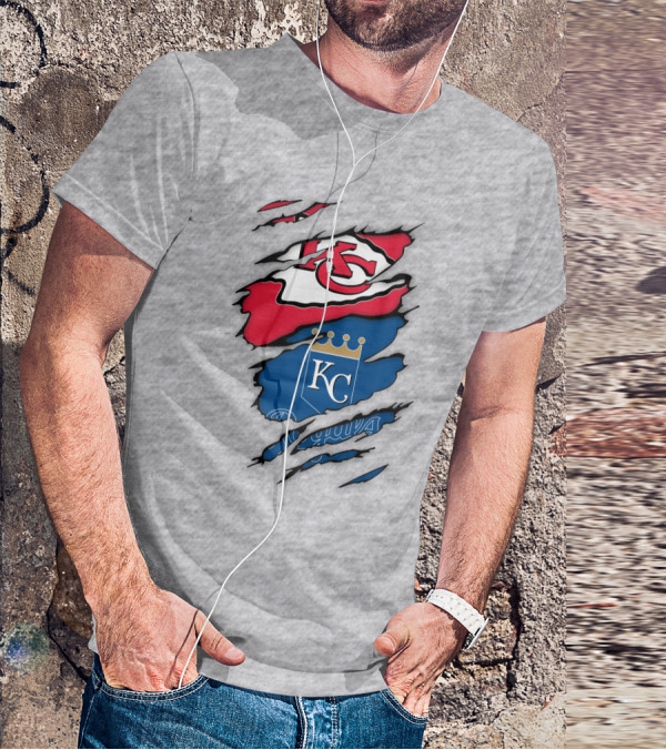 Kansas City Royals Kc And Kansas City Chiefs Arrowhead Red Blue Logo Fusion T-Shirt