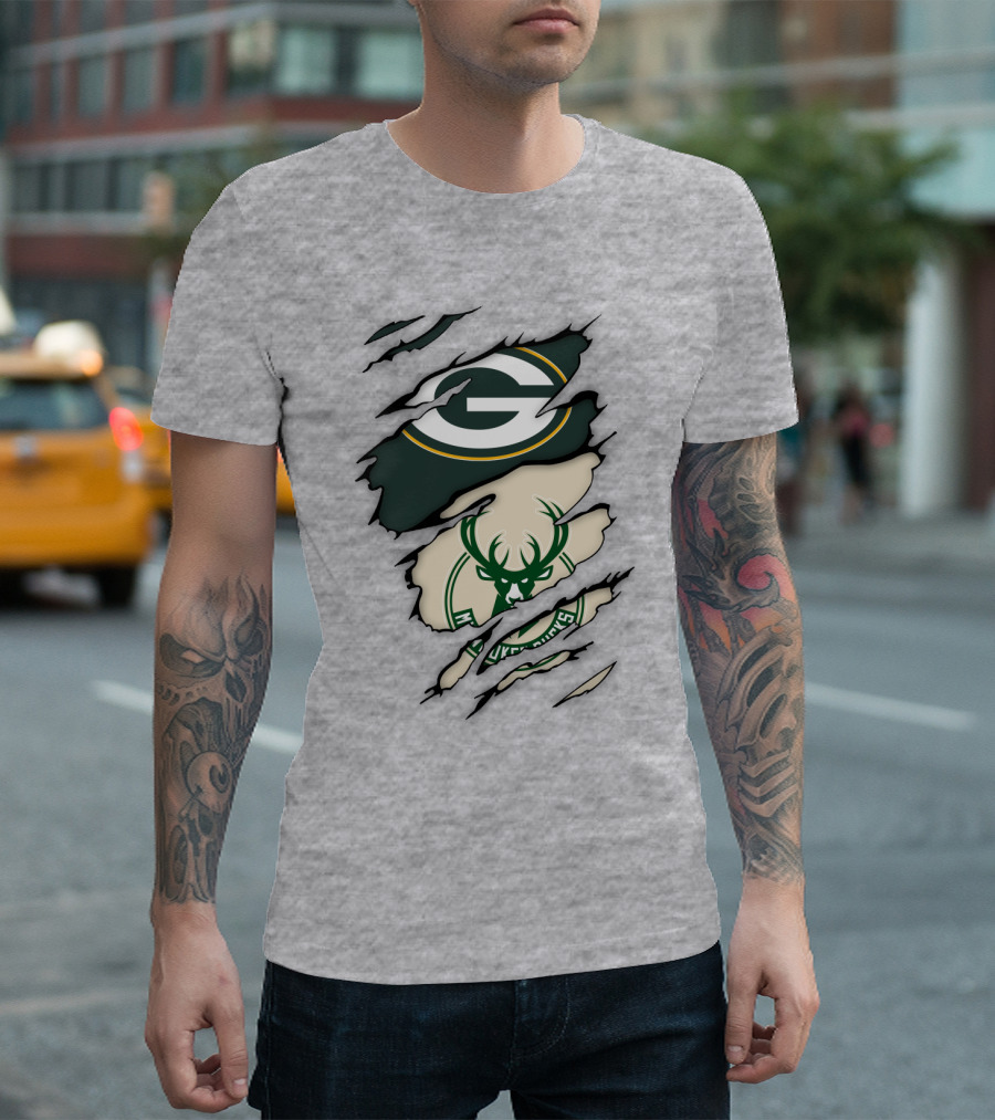 Green Bay Packers Milwaukee Bucks Ripped Reveal Logo Fusion T-Shirt