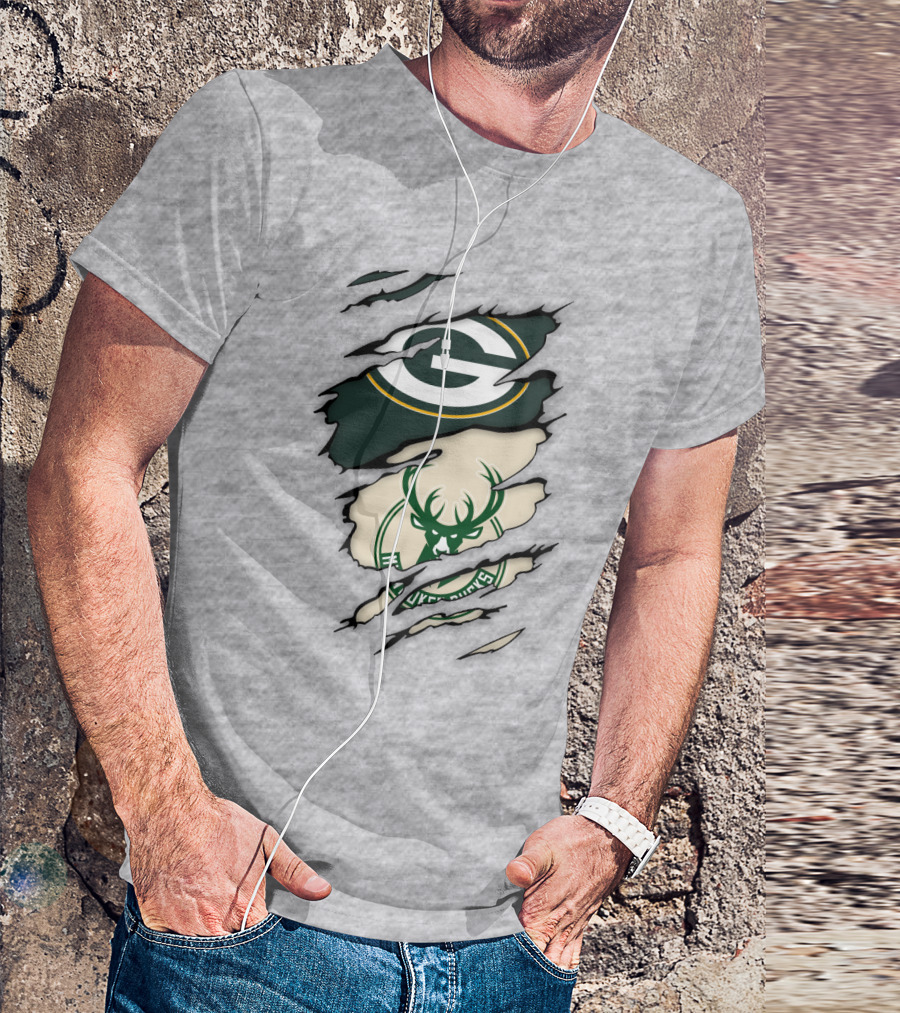 Green Bay Packers Milwaukee Bucks Ripped Reveal Logo Fusion T-Shirt