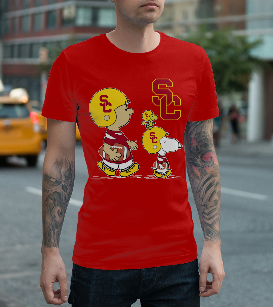 USC Trojans Peanuts Characters Football Theme with SC Helmets T-Shirt