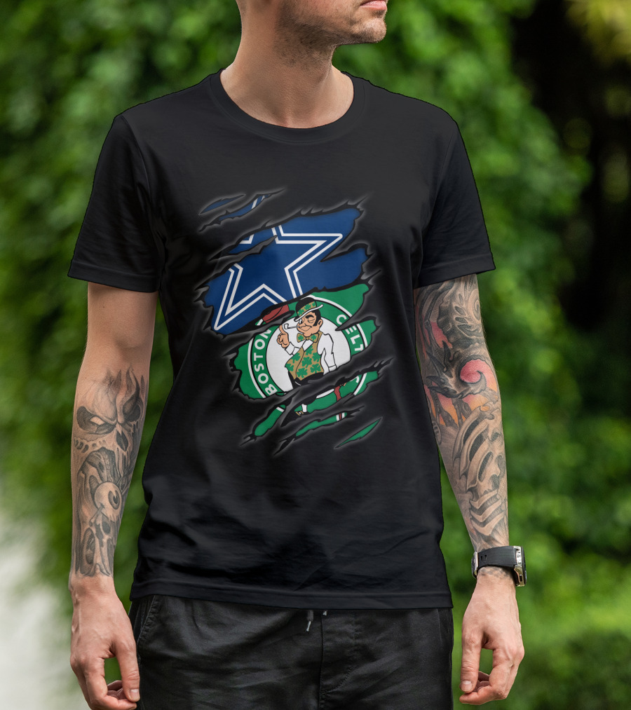 Cowboys Boston Celtics Logo Mashup Ripped T-Shirt