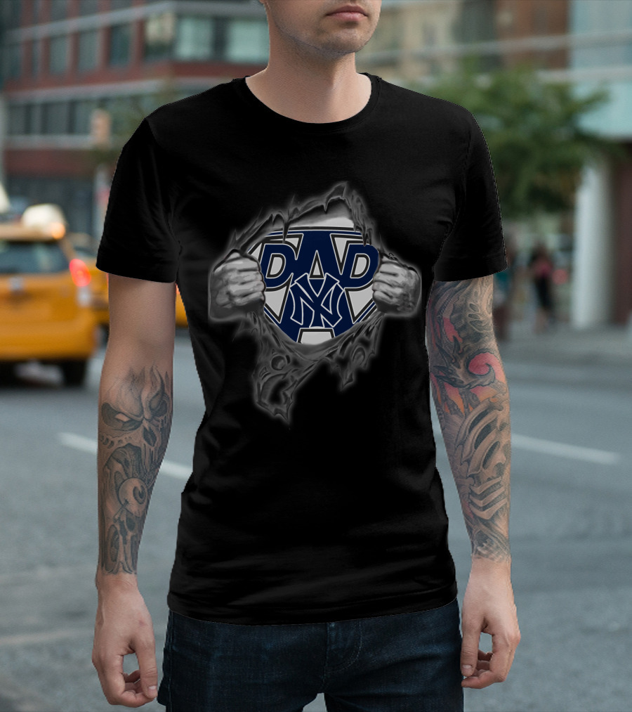 New York Yankees Super Dad Emblem with Hands Tearing Through Fabric T-Shirt