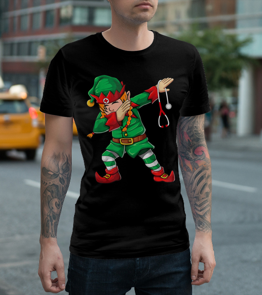 Dabbing Elf Girl Christmas Nurse Stethoscope Scrub Tops T-Shirt