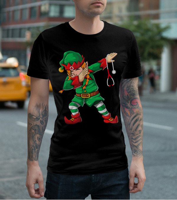 Dabbing Elf Girl Christmas Nurse Stethoscope Scrub Tops T-Shirt