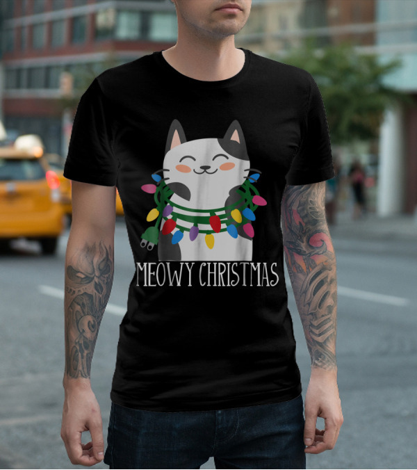 Meowy Christmas Holiday Funny Catma With Festive Lights And Happy Smiling Cat T-Shirt