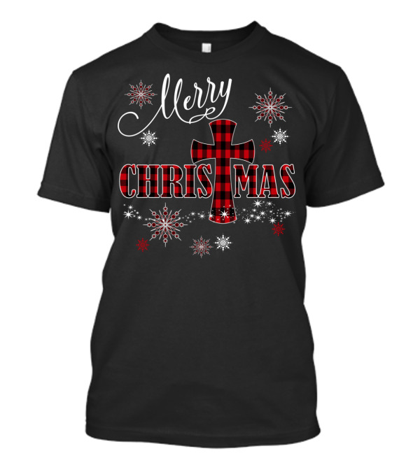 Merry Christmas Christian Cross Buffalo Plaid With Snowflakes T-Shirt